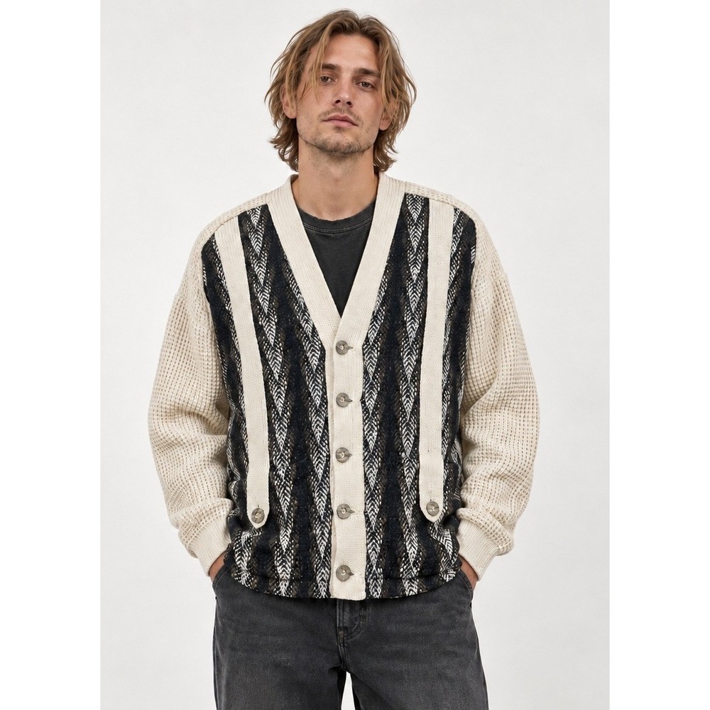 Vintage CLONA Carbery Irish Wool Cardigan 60s Mad Men Kurt Cobain Cream Black XL